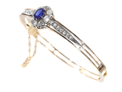 Antique Victorian Gold Bangle Set with Diamonds and Blue Strass