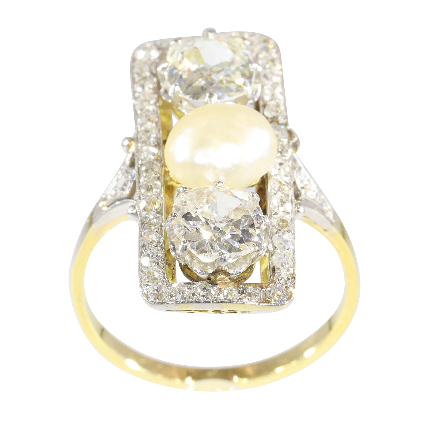 A diamond and pearl elongated plaque ring in yellow gold and platinum