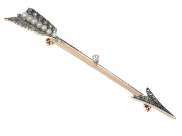 Victorian Antique Natural Pearl and Rose Cut Diamond Arrow Bar Brooch