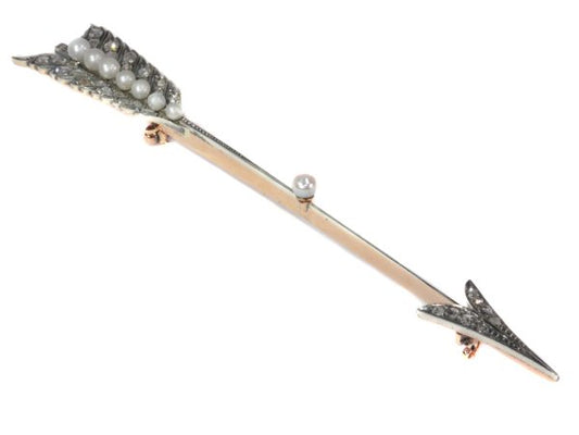 Victorian Antique Natural Pearl and Rose Cut Diamond Arrow Bar Brooch