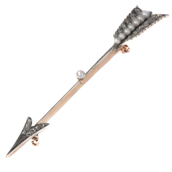 Victorian Antique Natural Pearl and Rose Cut Diamond Arrow Bar Brooch