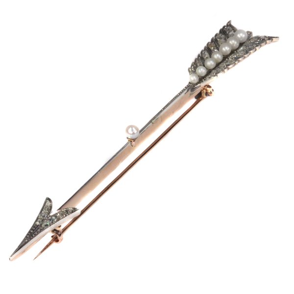 Victorian Antique Natural Pearl and Rose Cut Diamond Arrow Bar Brooch