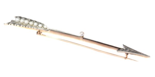 Victorian Antique Natural Pearl and Rose Cut Diamond Arrow Bar Brooch