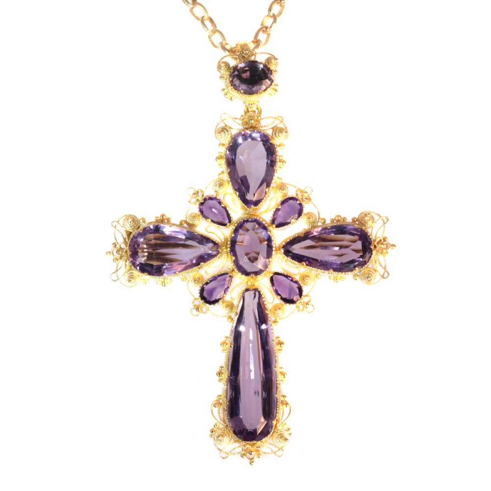 Antique Victorian Amethyst Set Gold Filigree Cross Pendant Brooch