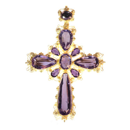 Antique Victorian Amethyst Set Gold Filigree Cross Pendant Brooch