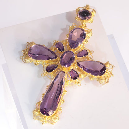 Antique Victorian Amethyst Set Gold Filigree Cross Pendant Brooch