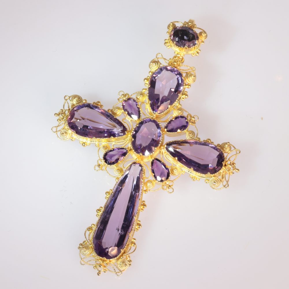 Antique Victorian Amethyst Set Gold Filigree Cross Pendant Brooch
