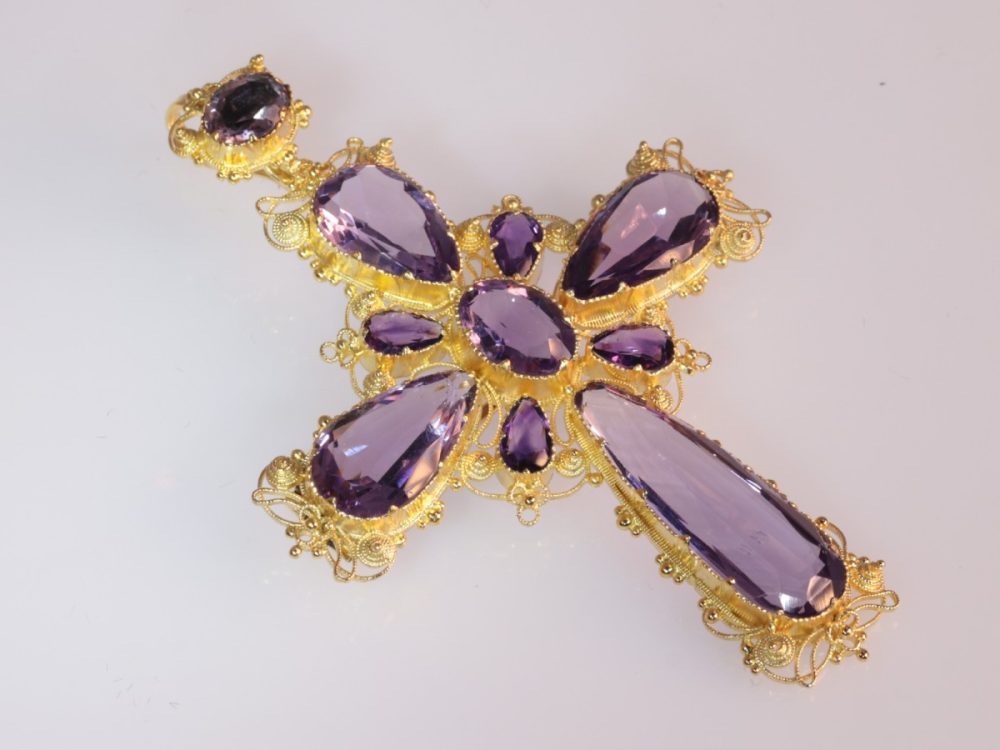 Antique Victorian Amethyst Set Gold Filigree Cross Pendant Brooch