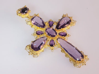 Antique Victorian Amethyst Set Gold Filigree Cross Pendant Brooch