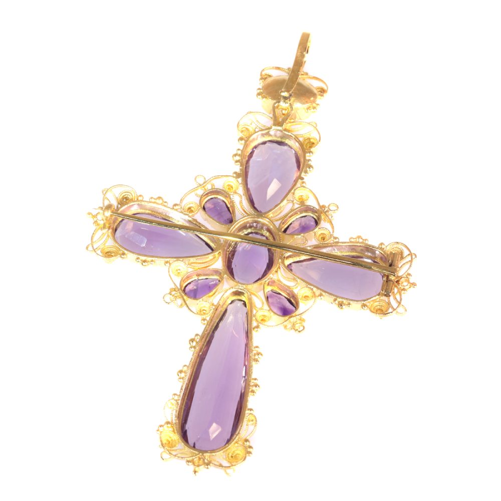 Antique Victorian Amethyst Set Gold Filigree Cross Pendant Brooch