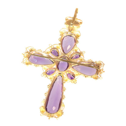 Antique Victorian Amethyst Set Gold Filigree Cross Pendant Brooch
