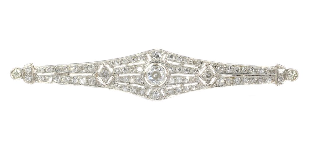 Vintage Art Deco Old Cut Diamond Bar Brooch In Platinum