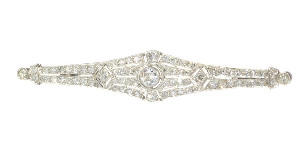 Vintage Art Deco Old Cut Diamond Bar Brooch In Platinum