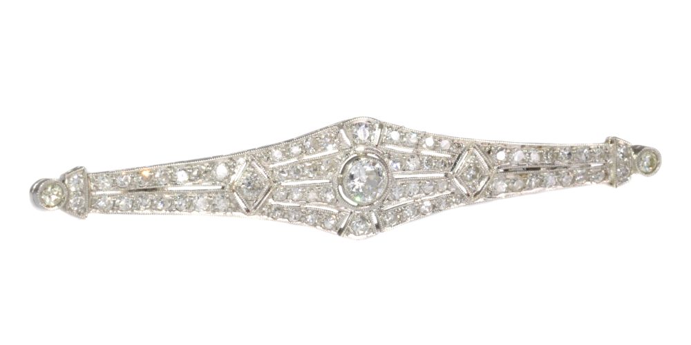 Vintage Art Deco Old Cut Diamond Bar Brooch In Platinum