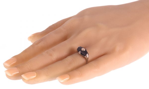 Art Deco diamond and onyx ring in white gold.