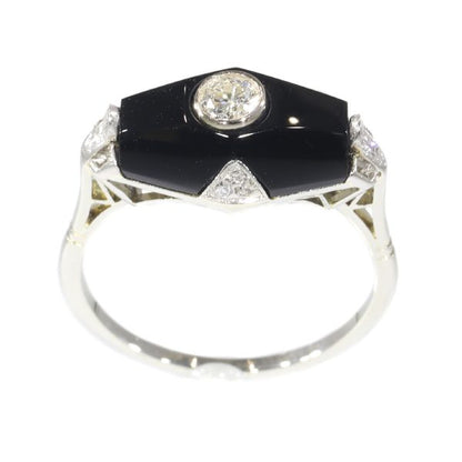 Art Deco diamond and onyx ring in white gold.