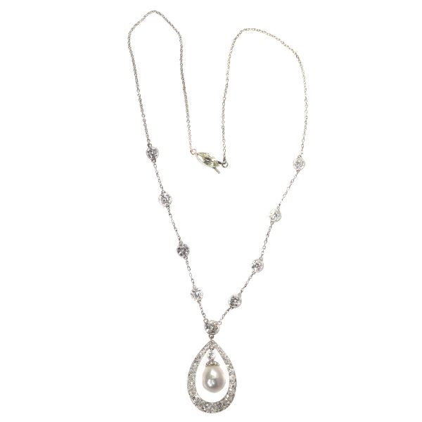 Vintage Art Deco Diamond and Natural Pearl Drop Necklace