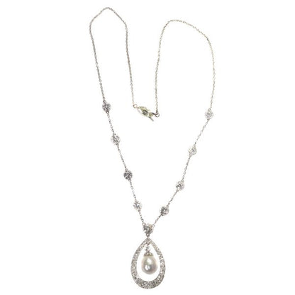 Vintage Art Deco Diamond and Natural Pearl Drop Necklace