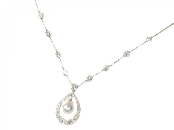 Vintage Art Deco Diamond and Natural Pearl Drop Necklace