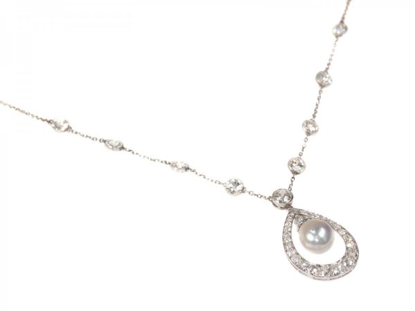 Vintage Art Deco Diamond and Natural Pearl Drop Necklace