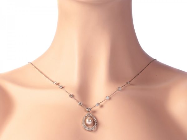Vintage Art Deco Diamond and Natural Pearl Drop Necklace