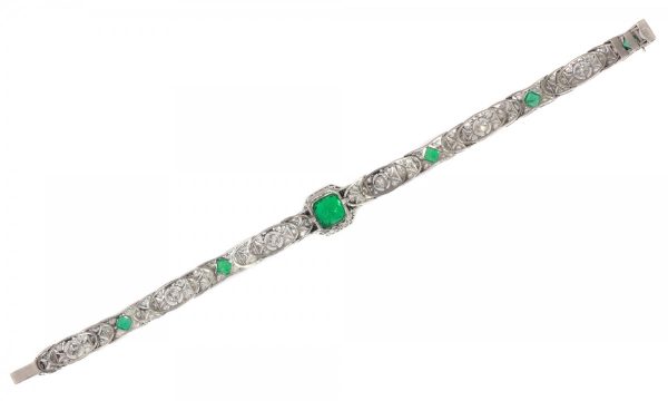 Antique Art Deco 3.28ct Emerald and Diamond Platinum Bracelet