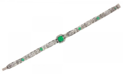 Antique Art Deco 3.28ct Emerald and Diamond Platinum Bracelet