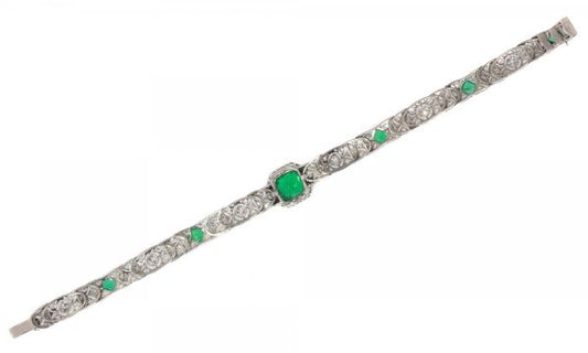 Antique Art Deco 3.28ct Emerald and Diamond Platinum Bracelet
