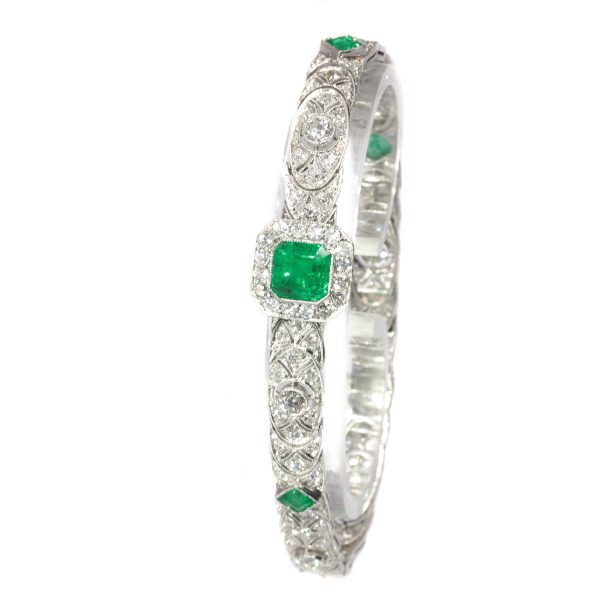 Antique Art Deco 3.28ct Emerald and Diamond Platinum Bracelet