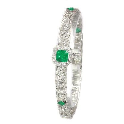 Antique Art Deco 3.28ct Emerald and Diamond Platinum Bracelet