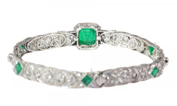 Antique Art Deco 3.28ct Emerald and Diamond Platinum Bracelet
