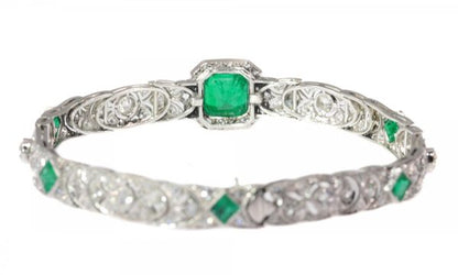 Antique Art Deco 3.28ct Emerald and Diamond Platinum Bracelet