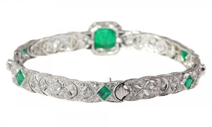 Antique Art Deco 3.28ct Emerald and Diamond Platinum Bracelet