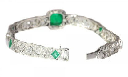 Antique Art Deco 3.28ct Emerald and Diamond Platinum Bracelet