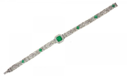 Antique Art Deco 3.28ct Emerald and Diamond Platinum Bracelet