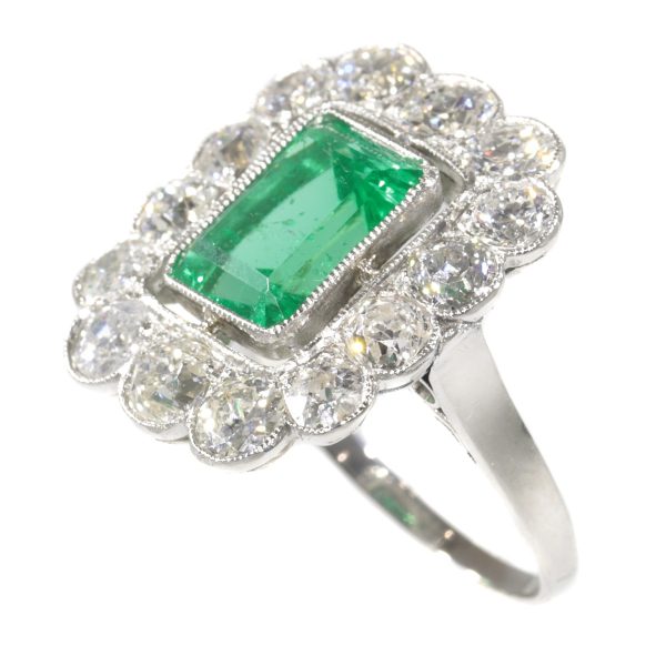Vintage Fifties Natural Untreated Emerald and Diamond Cluster Ring