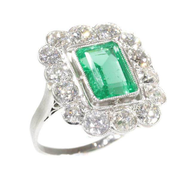 Vintage Fifties Natural Untreated Emerald and Diamond Cluster Ring