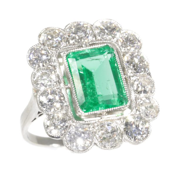 Vintage Fifties Natural Untreated Emerald and Diamond Cluster Ring