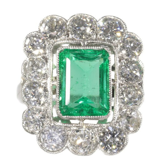Vintage Fifties Natural Untreated Emerald and Diamond Cluster Ring