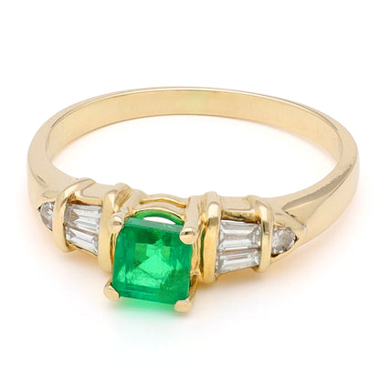 Square cut Emerald and Baguette Diamond Engagement Ring in 14ct Gold
