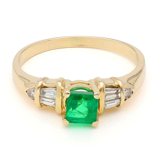 Square cut Emerald and Baguette Diamond Engagement Ring in 14ct Gold