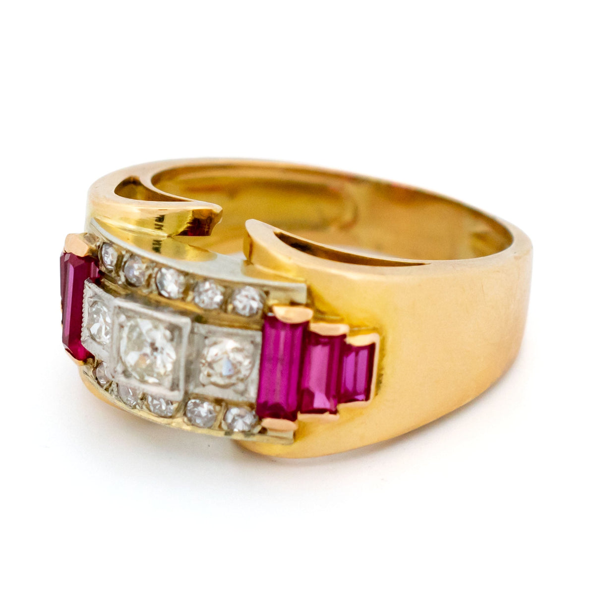 Vintage Retro Diamond and Ruby Set 18ct Yellow Gold Tank Ring