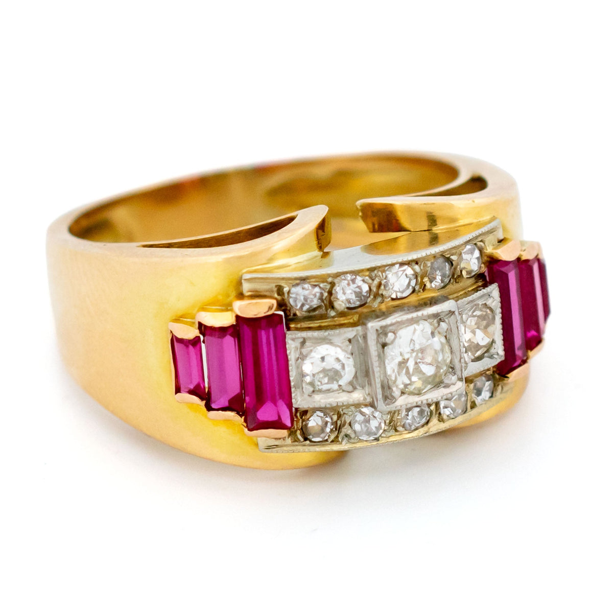 Vintage Retro Diamond and Ruby Set 18ct Gold Tank Ring