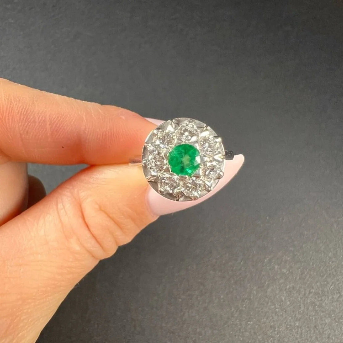 Vintage 18ct White Gold, 1940s Emerald Diamond Round Cluster Engagement Ring