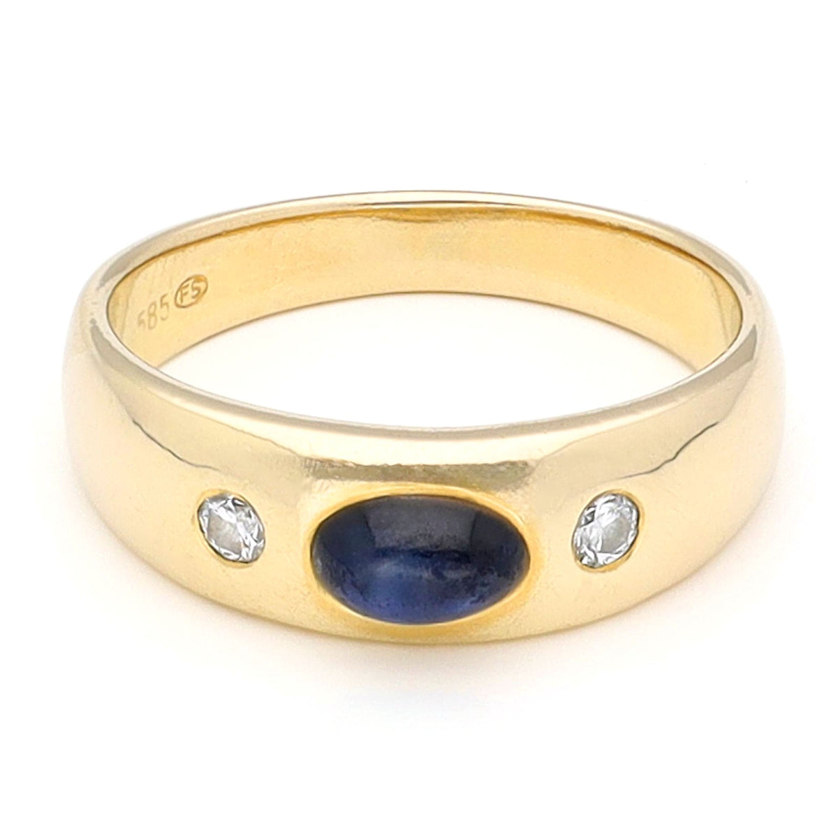 Vintage Cabochon Sapphire and Diamond Three Stone Gypsy Ring in 14ct Yellow Gold