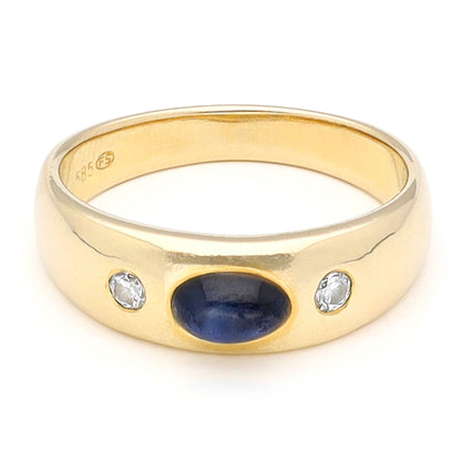 Vintage Cabochon Sapphire and Diamond Three Stone Gypsy Ring in 14ct Yellow Gold
