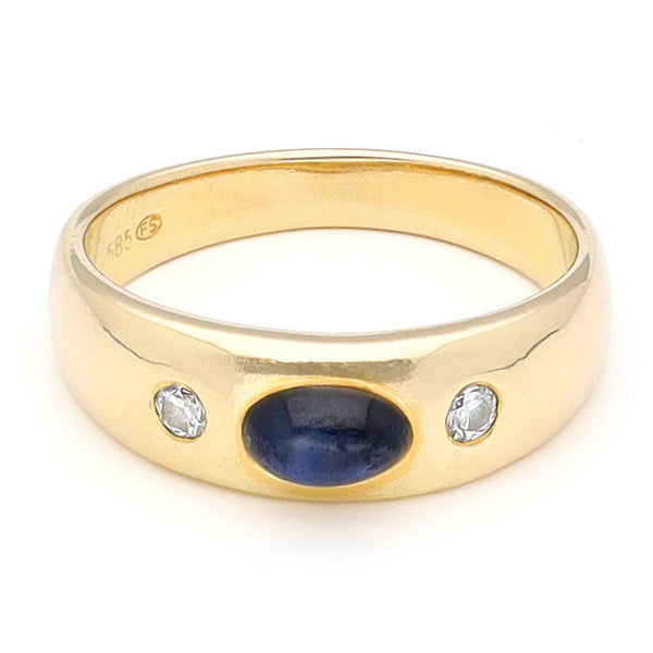 Vintage Cabochon Sapphire and Diamond Three Stone Gypsy Ring in 14ct Yellow Gold