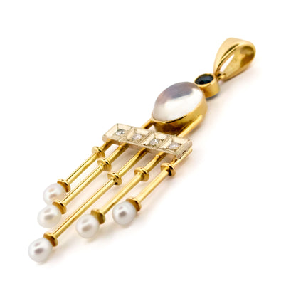 Diamond Moonstone Pearl Sapphire 14ct Fringe Pendant 