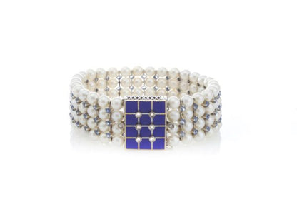 Vintage Akoya Pearl and Aquamarine Bangle Bracelet with Blue Enamel Clasp decorated with Rose-Cut Diamonds, Made in Italy, Circa 1940 - 1950s