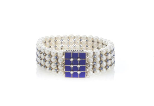 Vintage Akoya Pearl and Aquamarine Bangle Bracelet with Blue Enamel Clasp decorated with Rose-Cut Diamonds, Made in Italy, Circa 1940 - 1950s